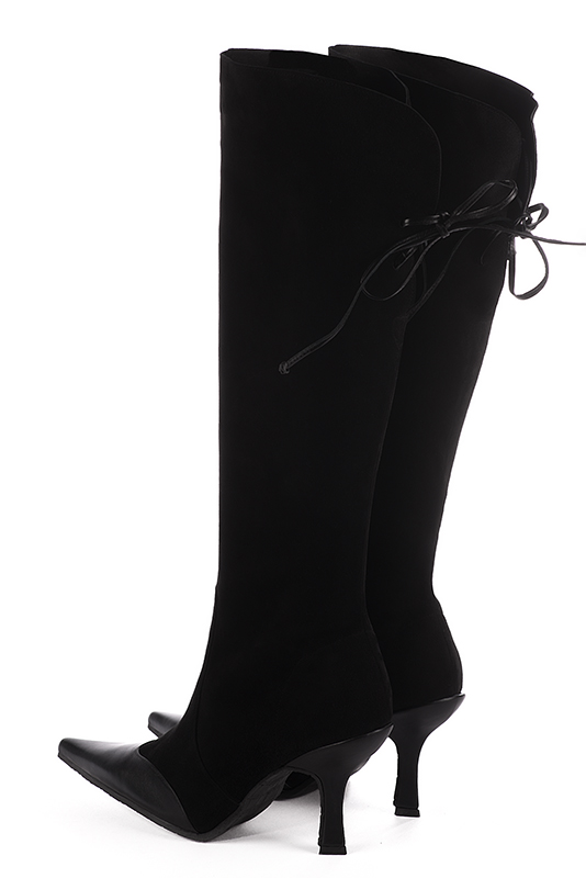 Satin black women's knee-high boots, with laces at the back. Pointed toe. High spool heels. Made to measure. Rear view - Florence KOOIJMAN